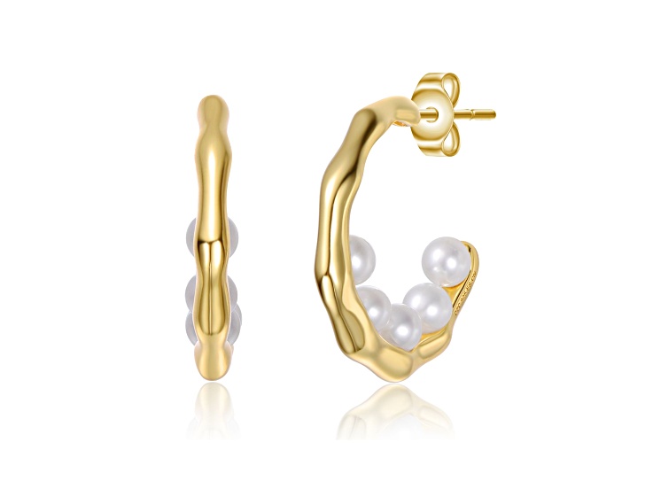 White Freshwater Pearl, 14K Gold Plated over Sterling Silver C-Hoop Earrings