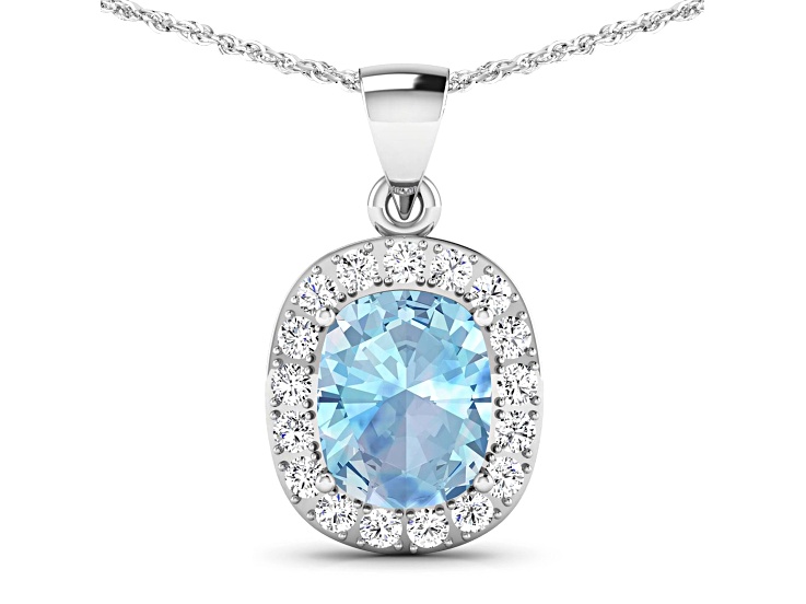 3.0ctw 14K White Gold Cushion Aquamarine and White Diamond Pendant with 18 inch Cable Chain