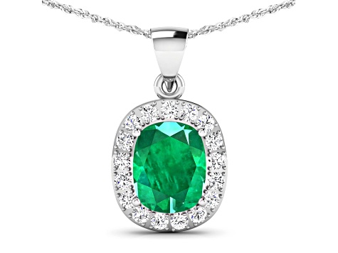 2.50ctw 14K White Gold Zambian Emerald and White Diamond Pendant with 18 inch Cable Chain