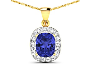 3.10ctw 14K Yellow Gold Tanzanite and White Diamond Pendant with 18 inch Cable Chain