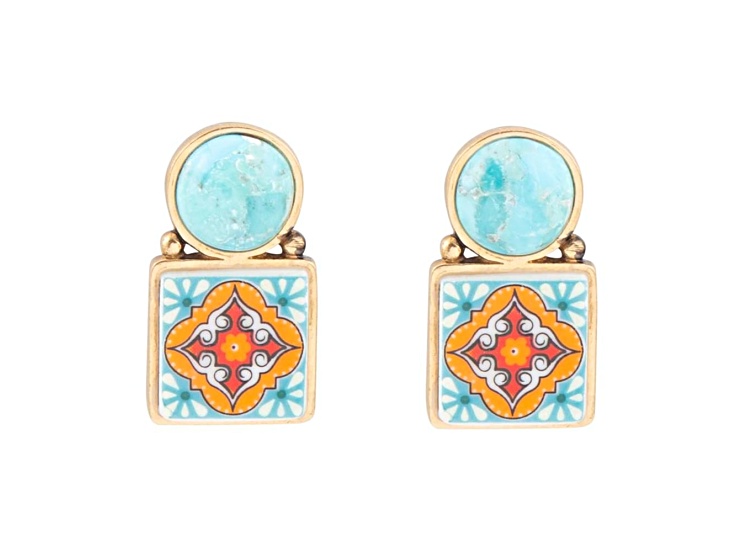 Barse Jewelry Blue Composite Turquoise Talavera Tile Inspired Gold Tone Drop Earrings