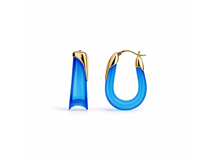 14K Gold Over Brass 1.5 inch Acrylic Sculpted U Hoop Earrings in Blue