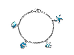 Rhodium Over Sterling Silver Lab Created Opal Fish and Shells Charm Bracelet