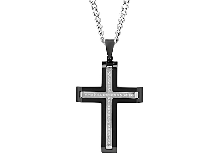 Black Ion-Plated Stainless Steel and White Diamond Cross Pendant With Chain 0.20ctw