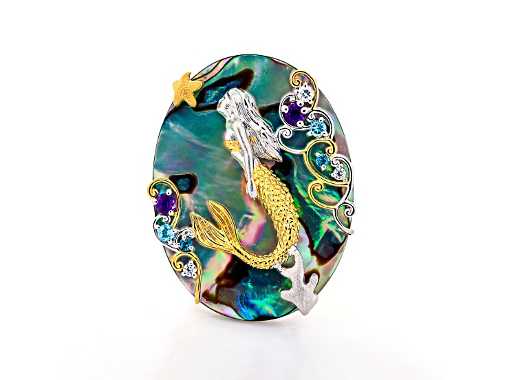 Multi Color Abalone, Multi Gemstone Rhodium/24K Gold Over