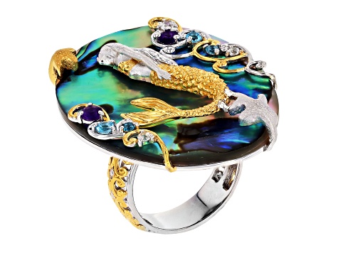 Multi Color Abalone, Multi Gemstone Rhodium/24K Gold Over Palladium Sterling Silver Ring 0.60ctw