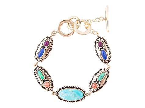 Barse Jewelry Multi-Gemstone Gold Tone Concho  Link Bracelet