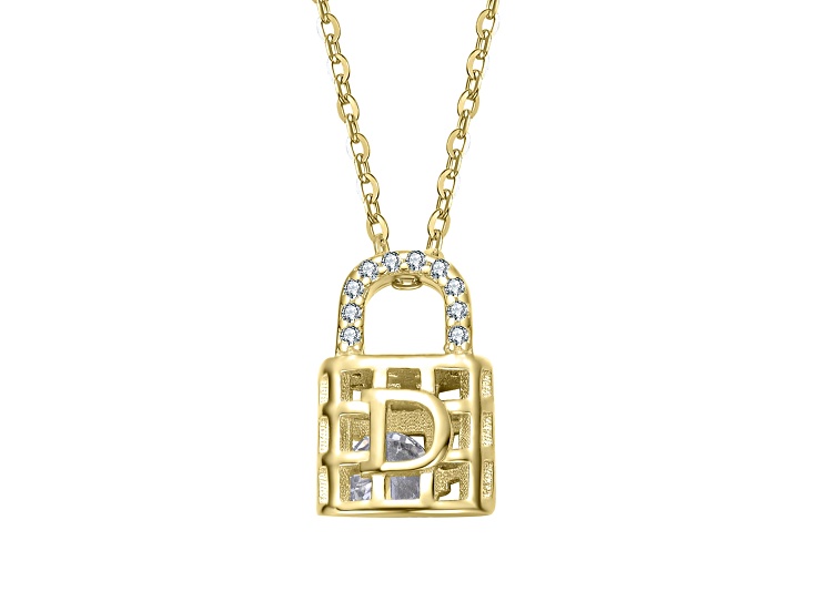 Clear Cubic Zirconia, 14K Gold Plated over Brass Padlock Pendant Necklace for Kids