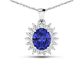 Blue Tanzanite and White Diamond 14K White Gold Halo Pendant with Cable Chain 3.75ctw