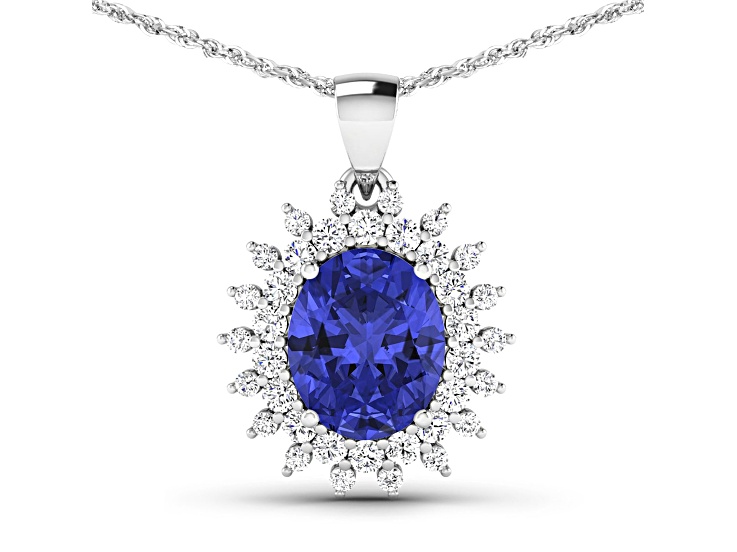 Blue Tanzanite and White Diamond 14K White Gold Halo Pendant with Cable Chain 3.75ctw