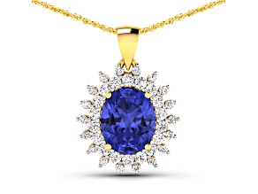 Blue Tanzanite and White Diamond 14K Yellow Gold Halo Pendant with Cable Chain 3.75ctw
