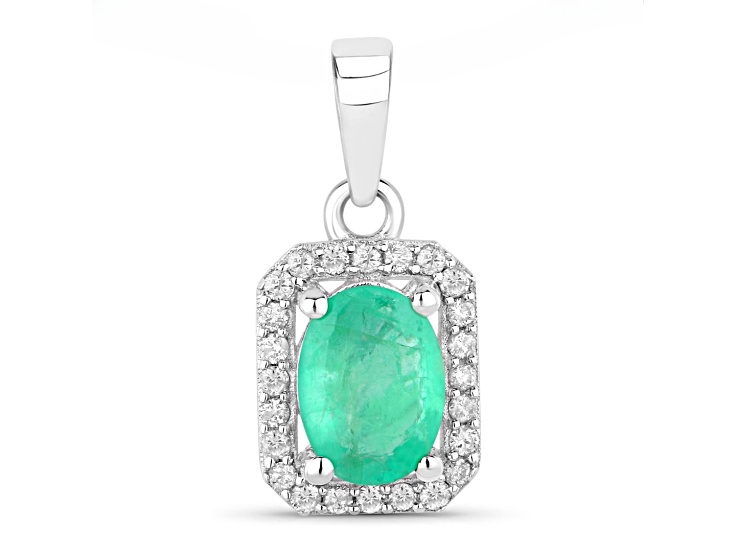 Zambian Green Emerald and White Diamond 10K White Gold Halo Pendant 0.83ctw
