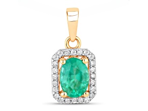 Zambian Green Emerald and White Diamond 10K Yellow Gold Halo Pendant 0.83ctw