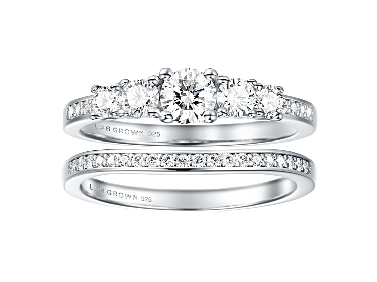White Lab-Grown Diamond H VS2 Rhodium Over Sterling Silver Ring With Matching Band 0.75ctw