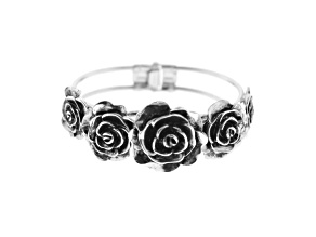 1928 Jewelry Silver Tone Black Enamel Flower Cuff Bracelet