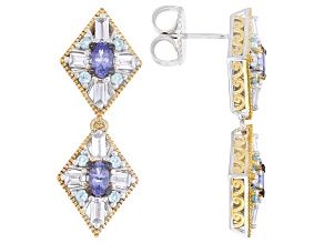 Blue Tanzanite Rhodium & 24K Yellow Gold Over Palladium Sterling Silver Earrings 3.37ctw