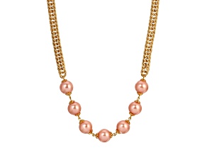 Gold Tone Pink Faux Pearl Bead Necklace 18"