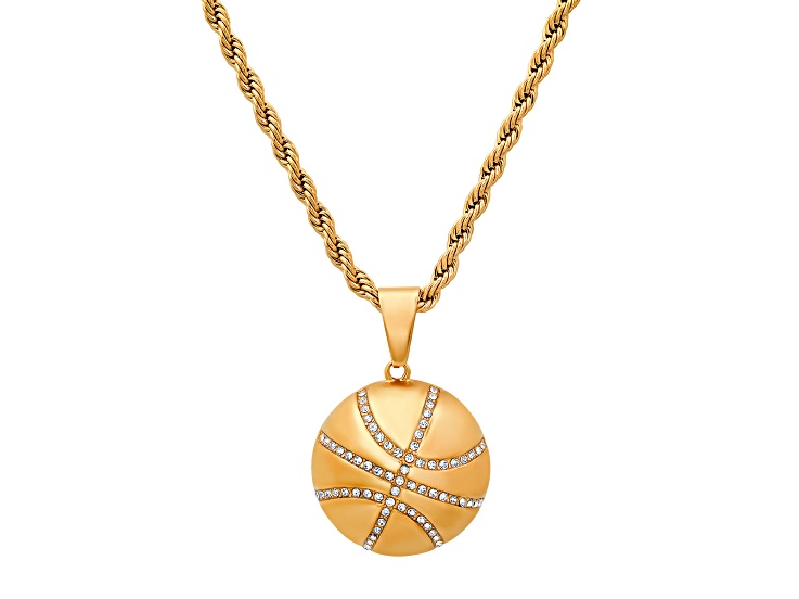 Men's 18K Gold Over Stainless Steel Cubic Zirconia Basketball Pendant With Chain