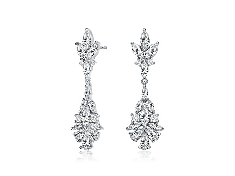 Clear Cubic Zirconia, Rhodium Plated over Sterling Silver Cluster Drop Earrings