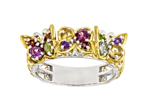 Multi Gemstone Rhodium & 24K Yellow Gold Over Palladium Sterling Silver Two-Tone Ring 1.08ctw