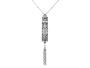 1928 Jewelry Silver Tone Base Metal Pewter Filigree Vial with Tassle Necklace 28"
