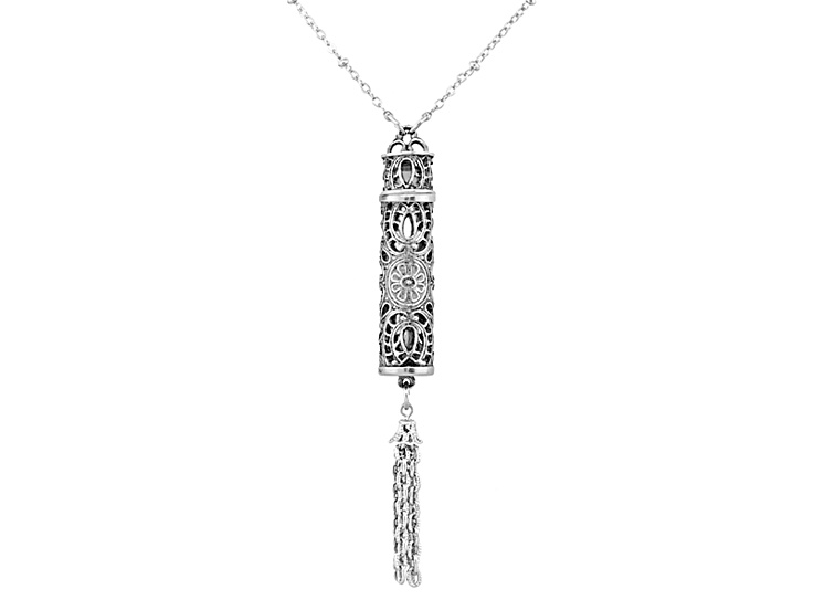1928 Jewelry Silver Tone Base Metal Pewter Filigree Vial with Tassle Necklace 28"