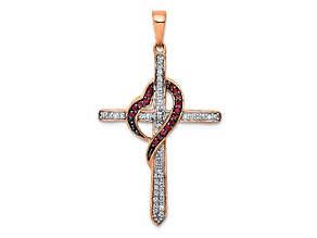 14k Two-tone Gold Red and White Diamond Cross with Heart Pendant