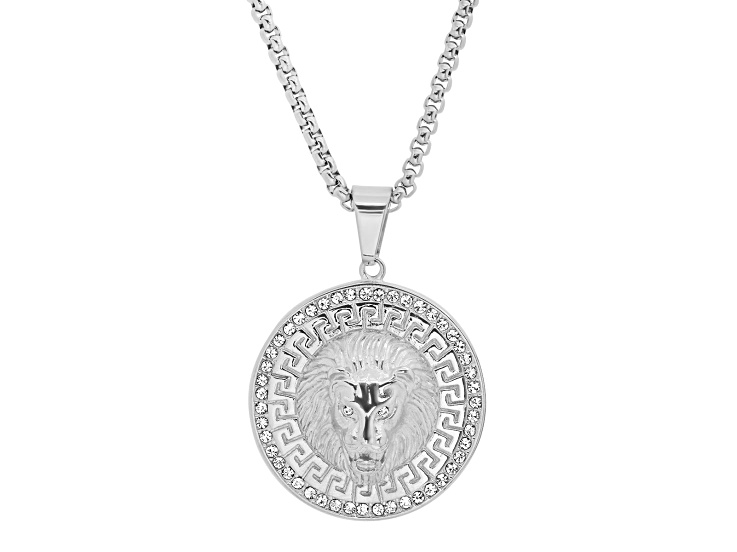 Men's Stainless Steel and Cubic Zirconia Round Lion Head with Greek Key Accents Pendant With Chain