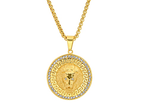 Men's 18K Gold Over Stainless Steel and Cubic Zirconia Round Lion Head w/ Greek Key Accent Pendant