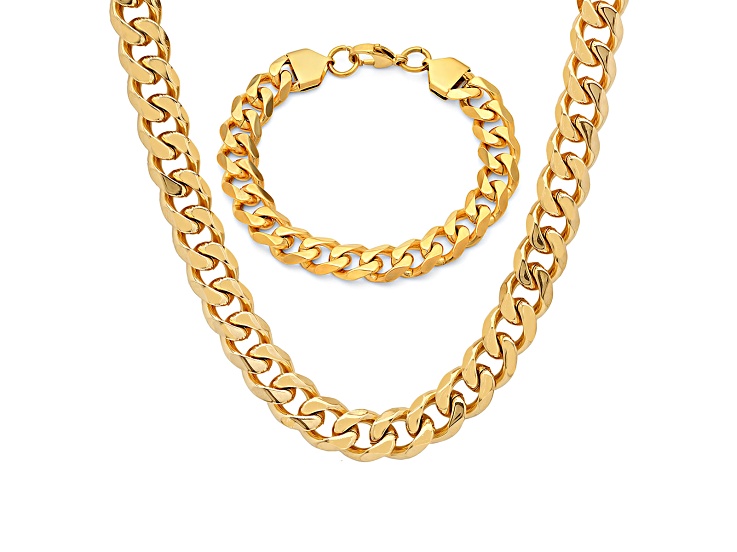 Men's 18K Yellow Gold Over Stainless Steel Cuban Link Bracelet and Chain Set