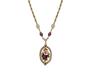 1928 Jewelry Gold-Tone Brass Purple and Floral Manor House Oval Pendant With Chain 16 Inch
