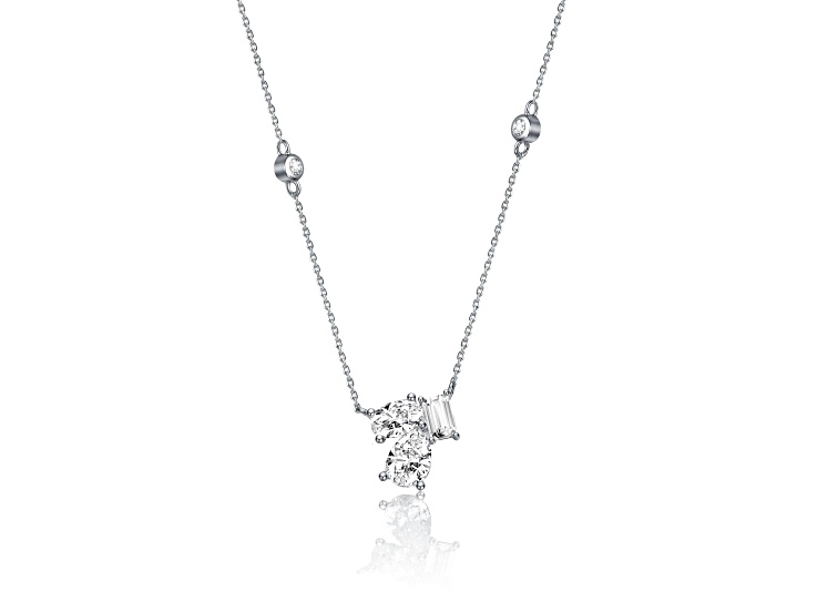 Clear Cubic Zirconia 1.47 TCW, Rhodium Plated over Sterling Silver Cluster Station Necklace