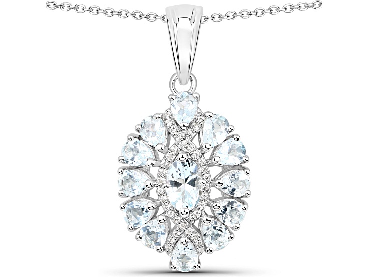 Blue Aquamarine and White Topaz Sterling Silver Cluster Pendant with Cable Chain