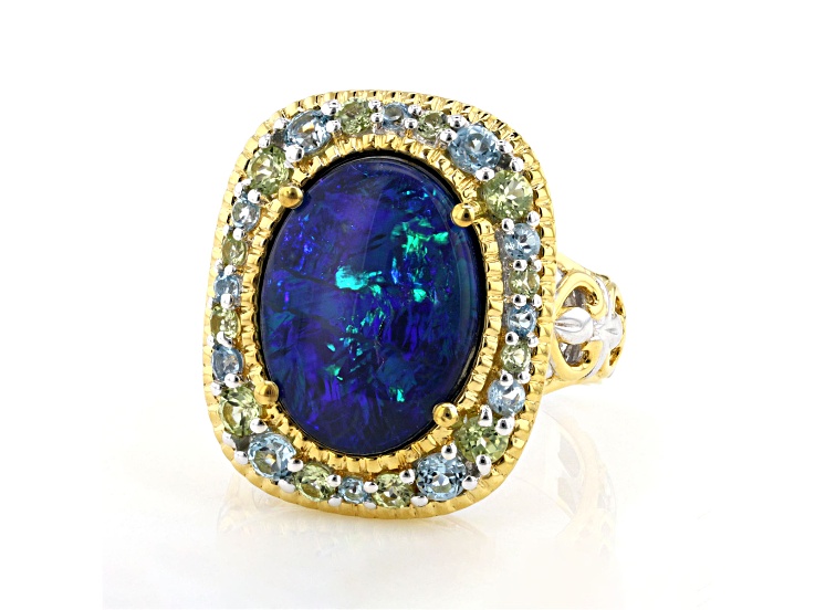 Peacock Australian Opal Triplet Rhodium/24K Yellow Gold Over Palladium Sterling Silver Ring 1.32ctw