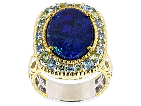 Peacock Australian Opal Triplet Rhod/24K Yellow Gold Over Palladium Sterling Silver Ring 1.32ctw