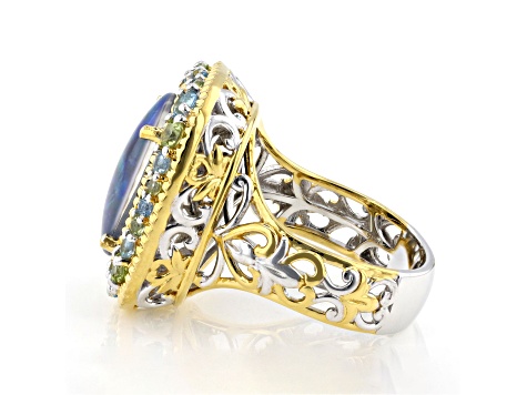 Peacock Australian Opal Triplet Rhod/24K Yellow Gold Over Palladium Sterling Silver Ring 1.32ctw