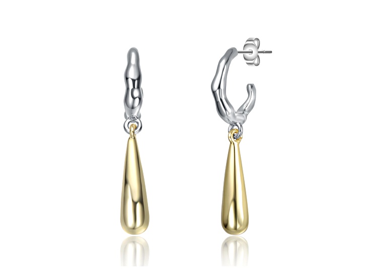 Two-Tone Rhodium & 14K Gold Plated over Brass C-Hoop Briolette Drop Earrings