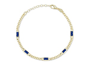 Sterling Statements 14K Yellow Gold Over Sterling Silver Blue CZ Station Curb Chain Bracelet
