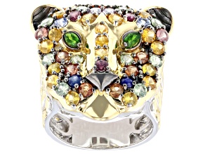 Multi Sapphire Rhodium & 24K Yellow Gold Over Palladium Sterling Silver Ring 3.45ctw