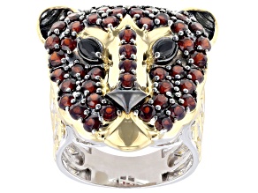 Red Garnet, Black Spinel Rhodium & 24K Yellow Gold Over Palladium Sterling Silver Ring 2.96ctw