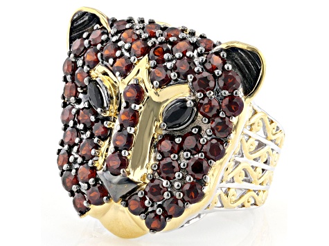Red Garnet, Black Spinel Rhodium & 24K Yellow Gold Over Palladium Sterling Silver Ring 2.96ctw