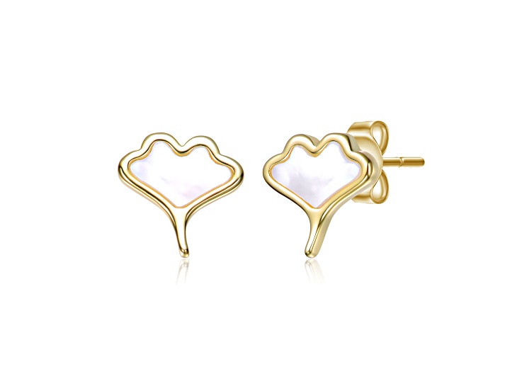White Mother Of Pearl, 14K Gold Plated over Brass Leaf Design Earrings for Kids