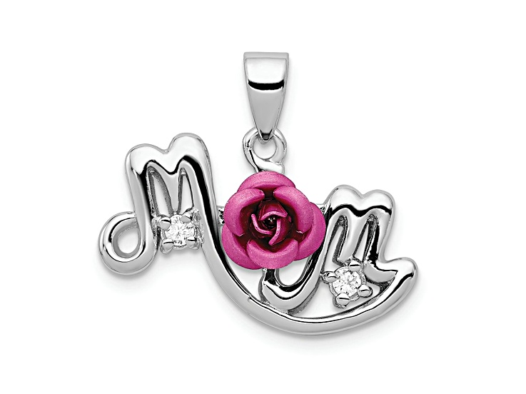 Rhodium Over Sterling Silver Dyed Pink Aluminum Rose/Clear Cubic Zirconia Mom Pendant