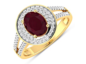 Red Ruby and White Diamond 14K Yellow Gold Halo Ring