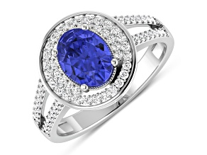 Purple Tanzanite and White Diamond 14K White Gold Halo Ring