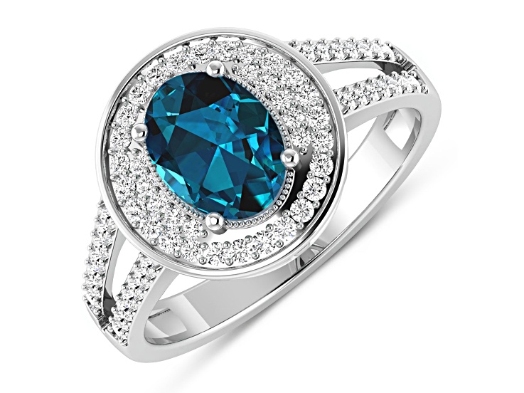 London Blue Topaz and White Diamond 14K White Gold Halo Ring