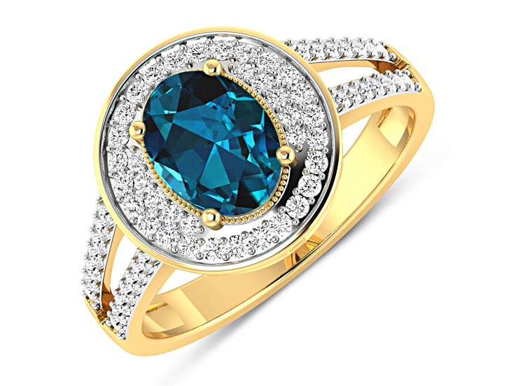 London Blue Topaz and White Diamond 14K Yellow Gold Halo Ring