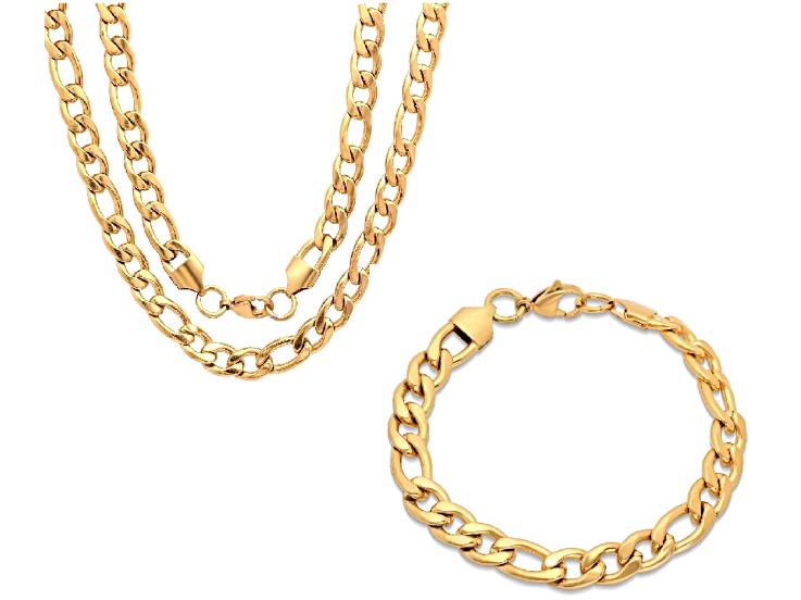 Men's 18K Yellow Gold Over Stainless Steel Figaro Bracelet and Chain Set