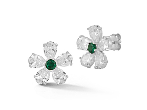 Rachel Zoe Rhodium Over Sterling Silver Green and White Cubic Zirconia Flower Studs