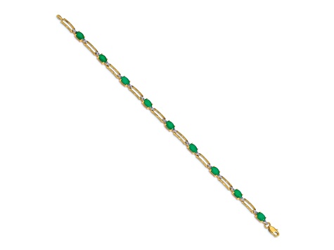 14k Yellow Gold and Rhodium Over 14k Yellow Gold Diamond and Oval Emerald Bracelet